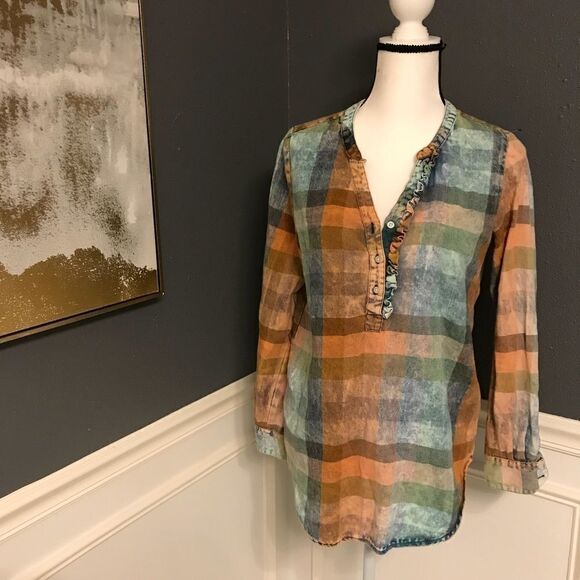 Anthro Isabella Sinclair plaid ruffle henley - Picture 2 of 5